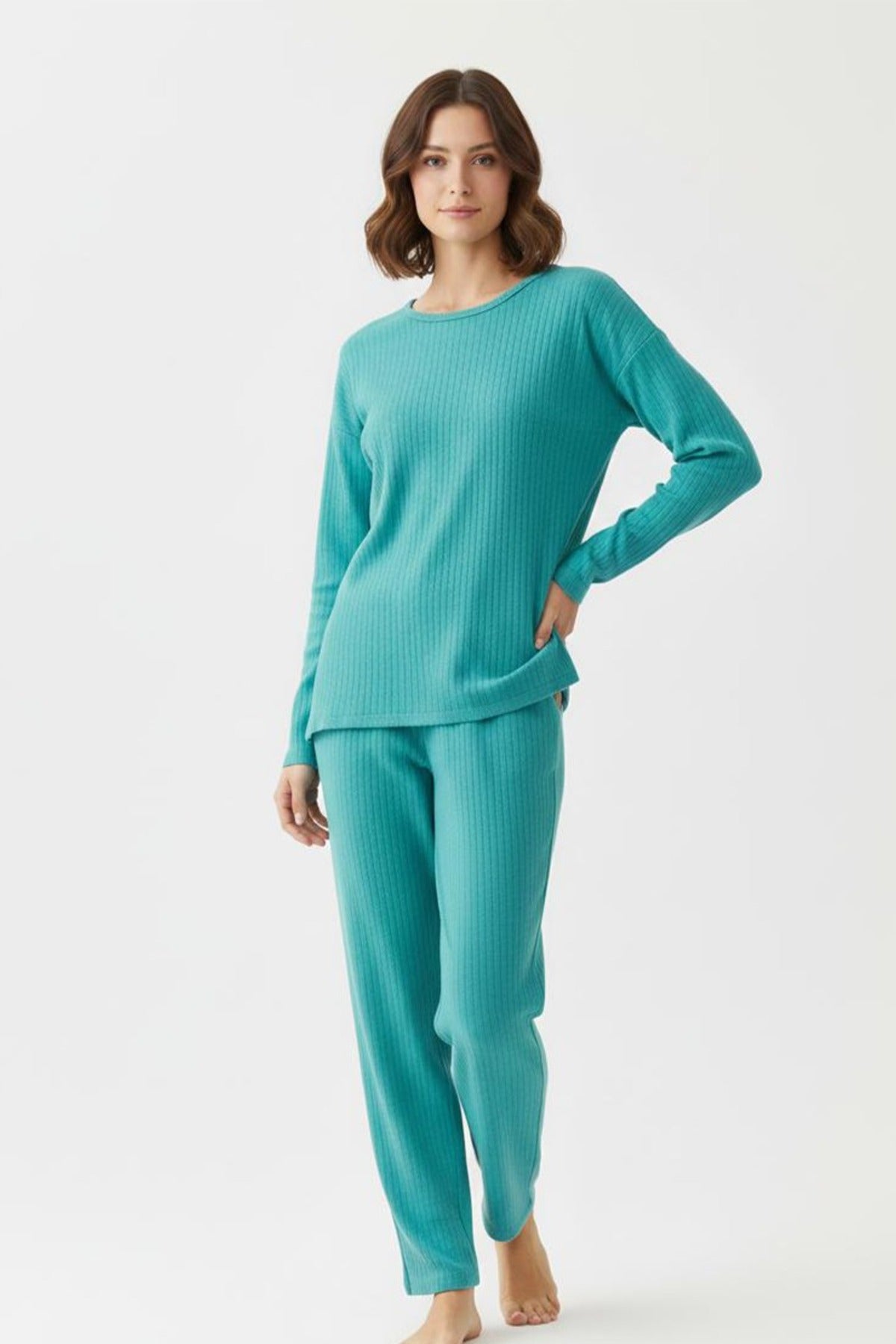 Pamuklu Uzun Kollu Pijama Takımı – Turkuaz