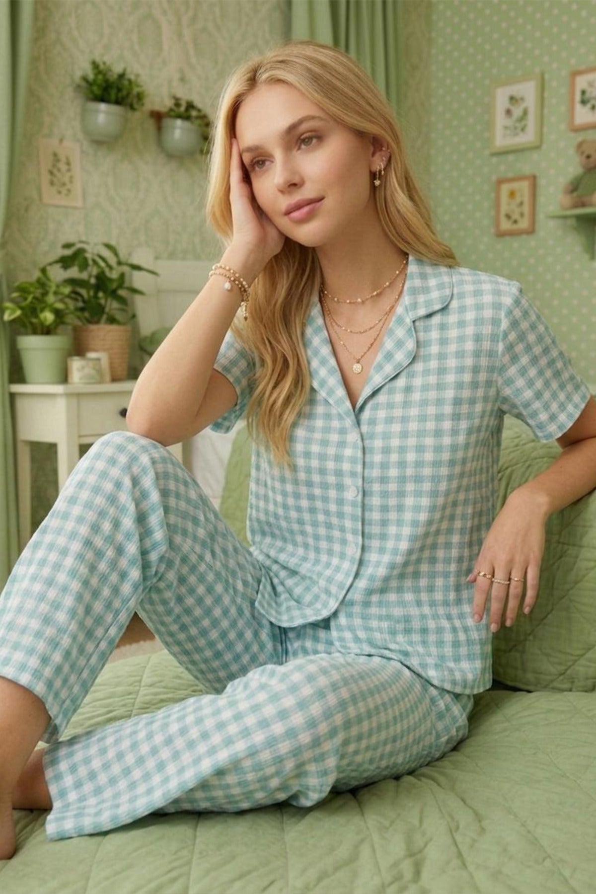 Kare Desenli Bürümcük Kısa Kollu Pijama Takımı – Su Yeşili