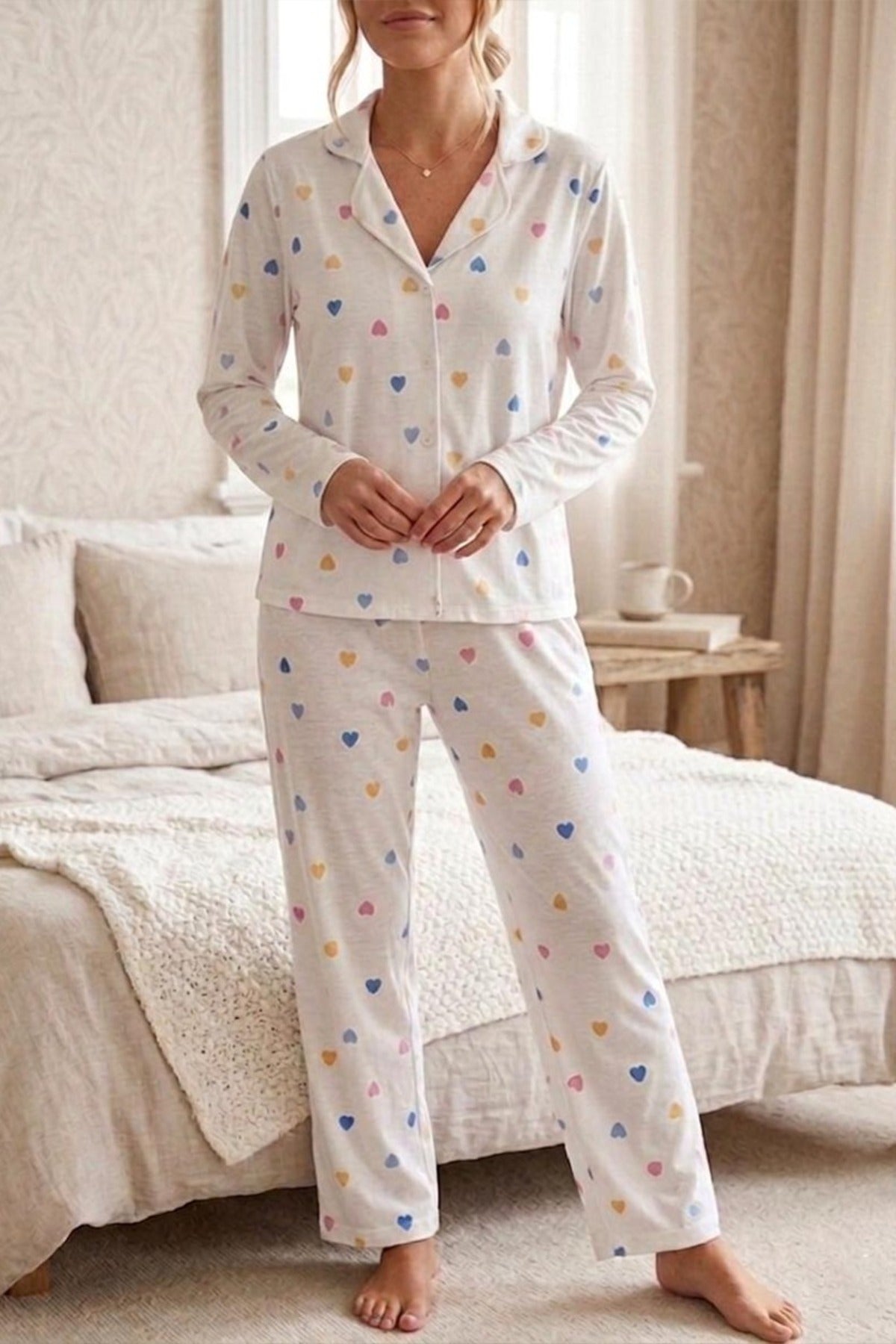 Renkli Kalp Desenli Uzun Kollu Pijama Takımı – Beyaz