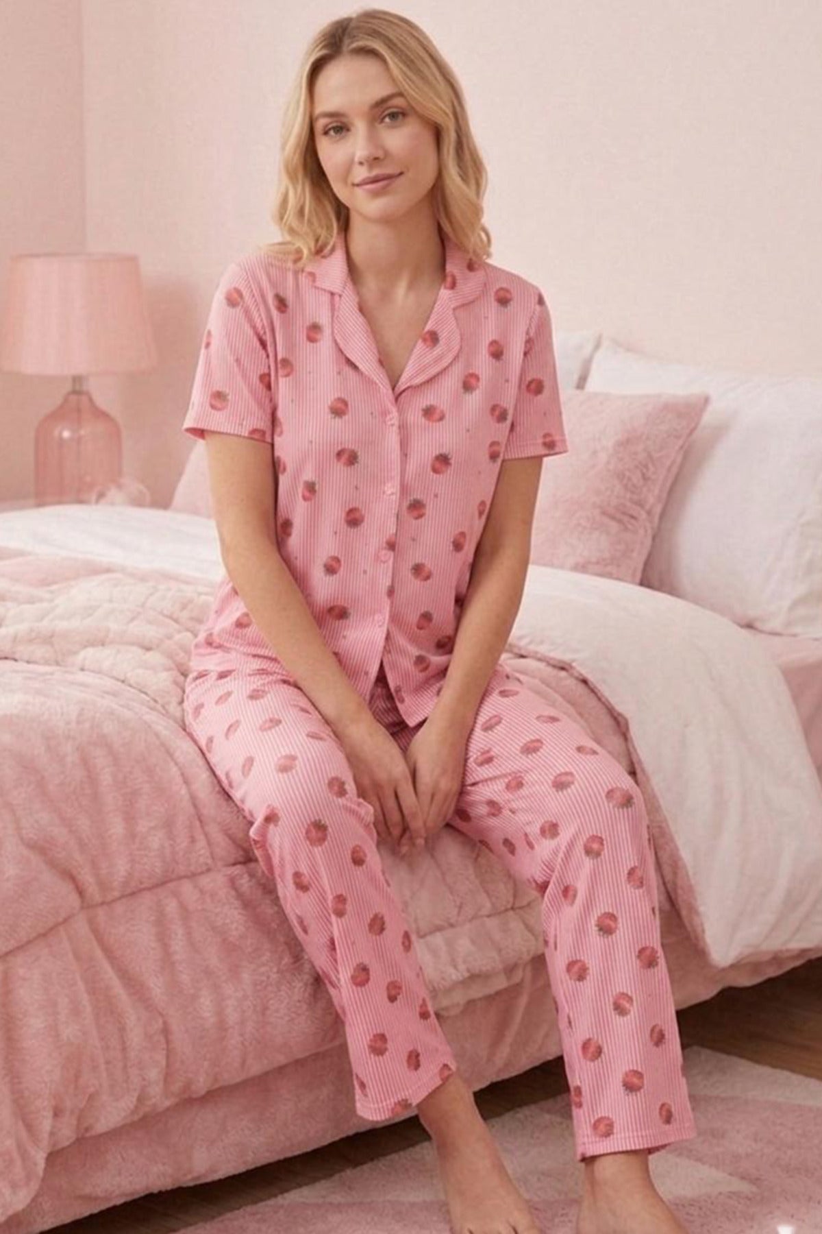 Çilek Desenli Düğmeli Kısa Kollu Pijama Takımı – Pembe