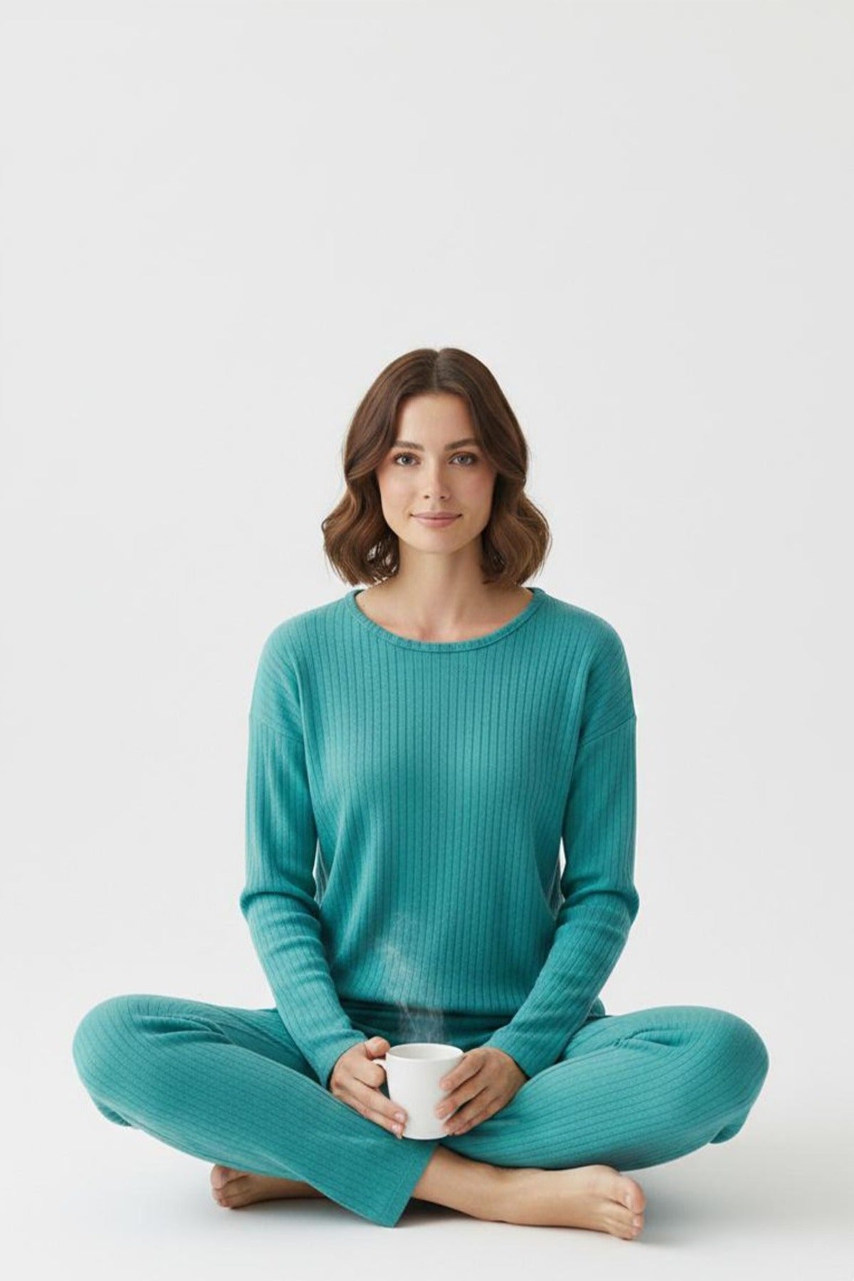 Pamuklu Uzun Kollu Pijama Takımı – Turkuaz