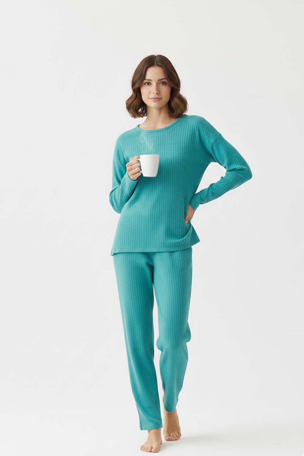 Pamuklu Uzun Kollu Pijama Takımı – Turkuaz