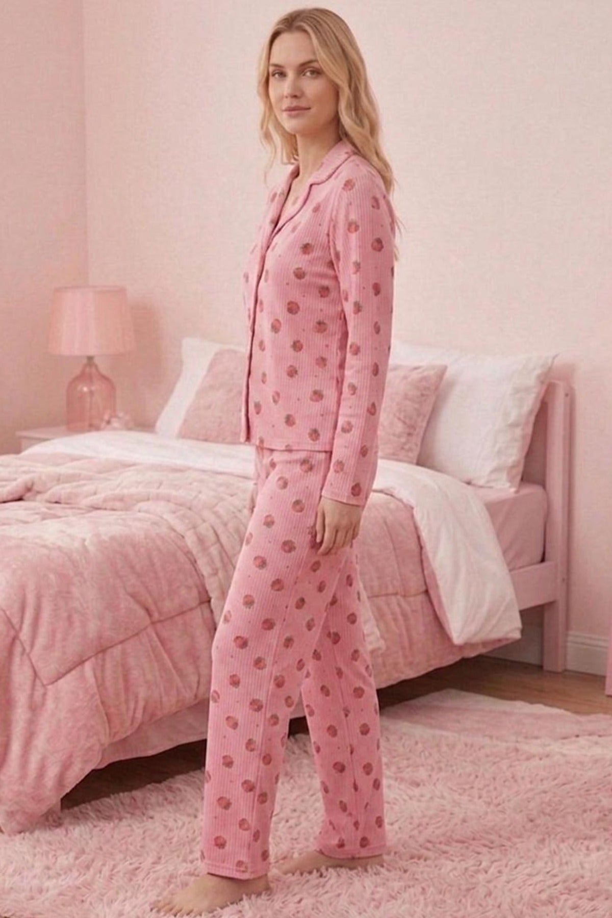 Çilek Desenli Uzun Kollu Pijama Takımı – Açık Pembe
