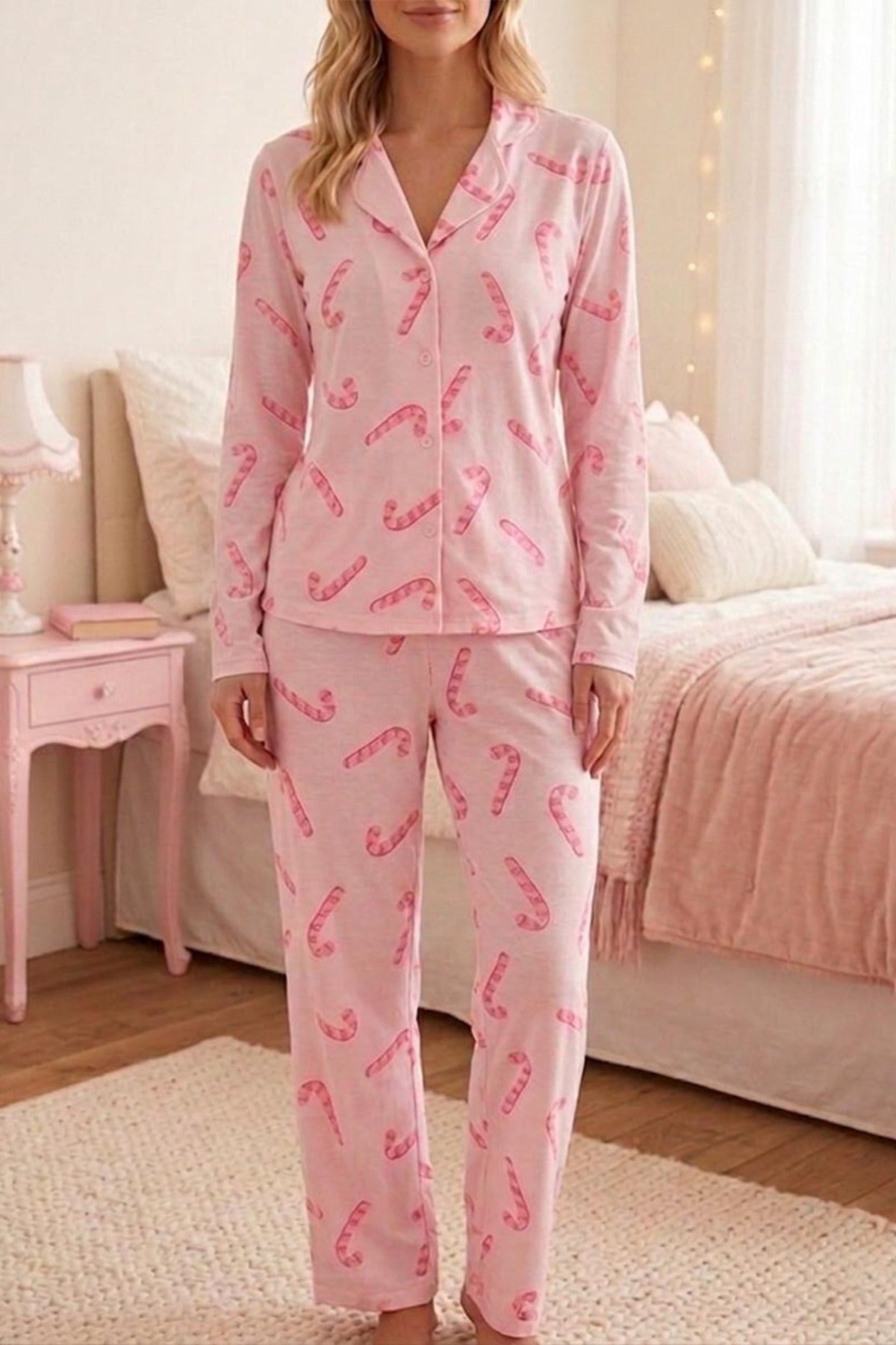 Baston Şeker Desenli Uzun Kollu Pijama Takımı – Pembe