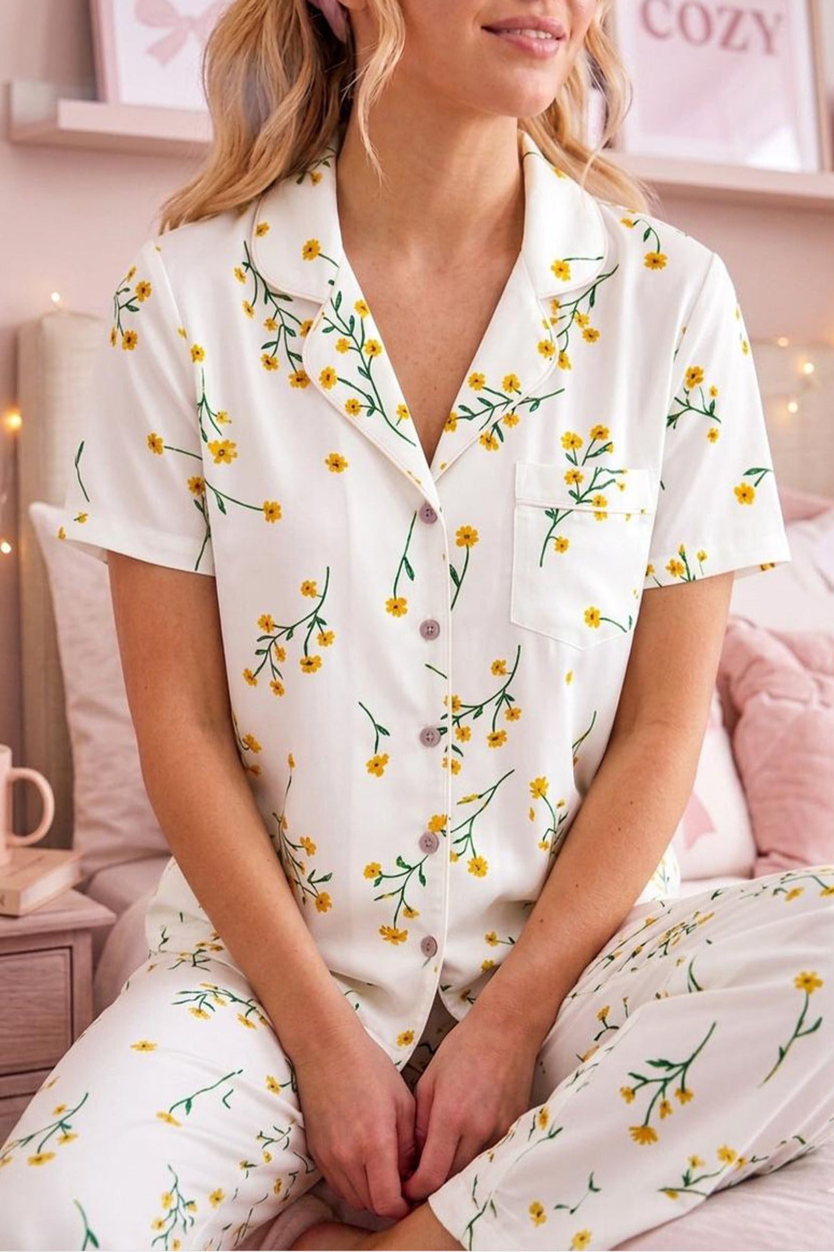 Çiçek Baskılı Bürümcük Kısa Kollu Pijama Takımı – Çok Renkli