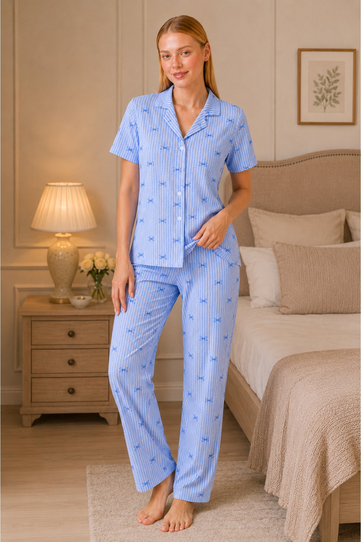 Kurdele Desenli Çizgili Bürümcük Pijama Takımı – Mavi