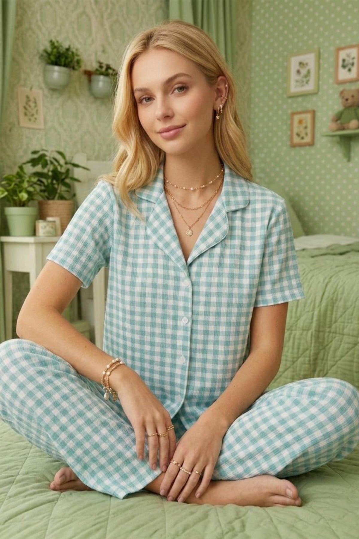 Kare Desenli Bürümcük Kısa Kollu Pijama Takımı – Su Yeşili