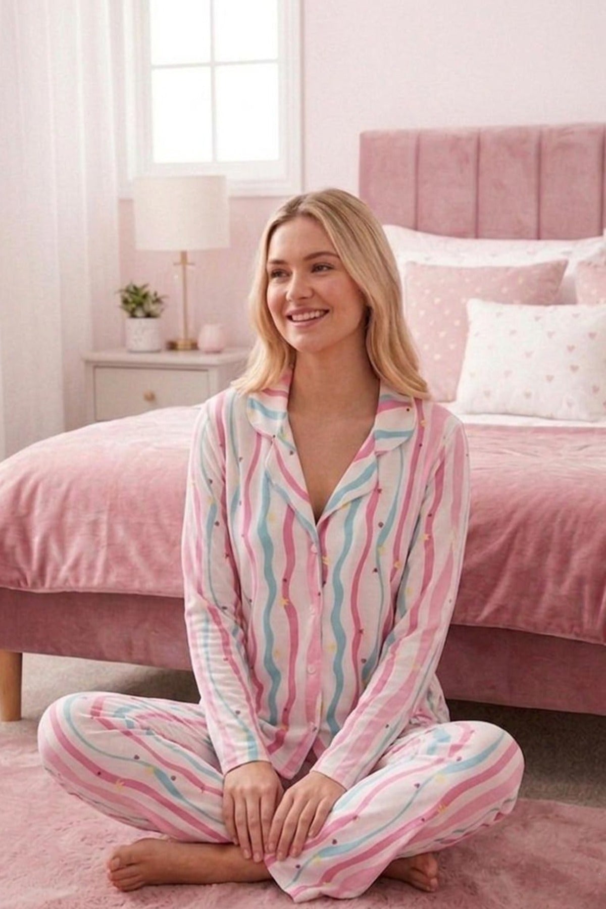 Yıldız ve Kalp Desenli Uzun Kollu Pijama Takımı – Çok Renkli