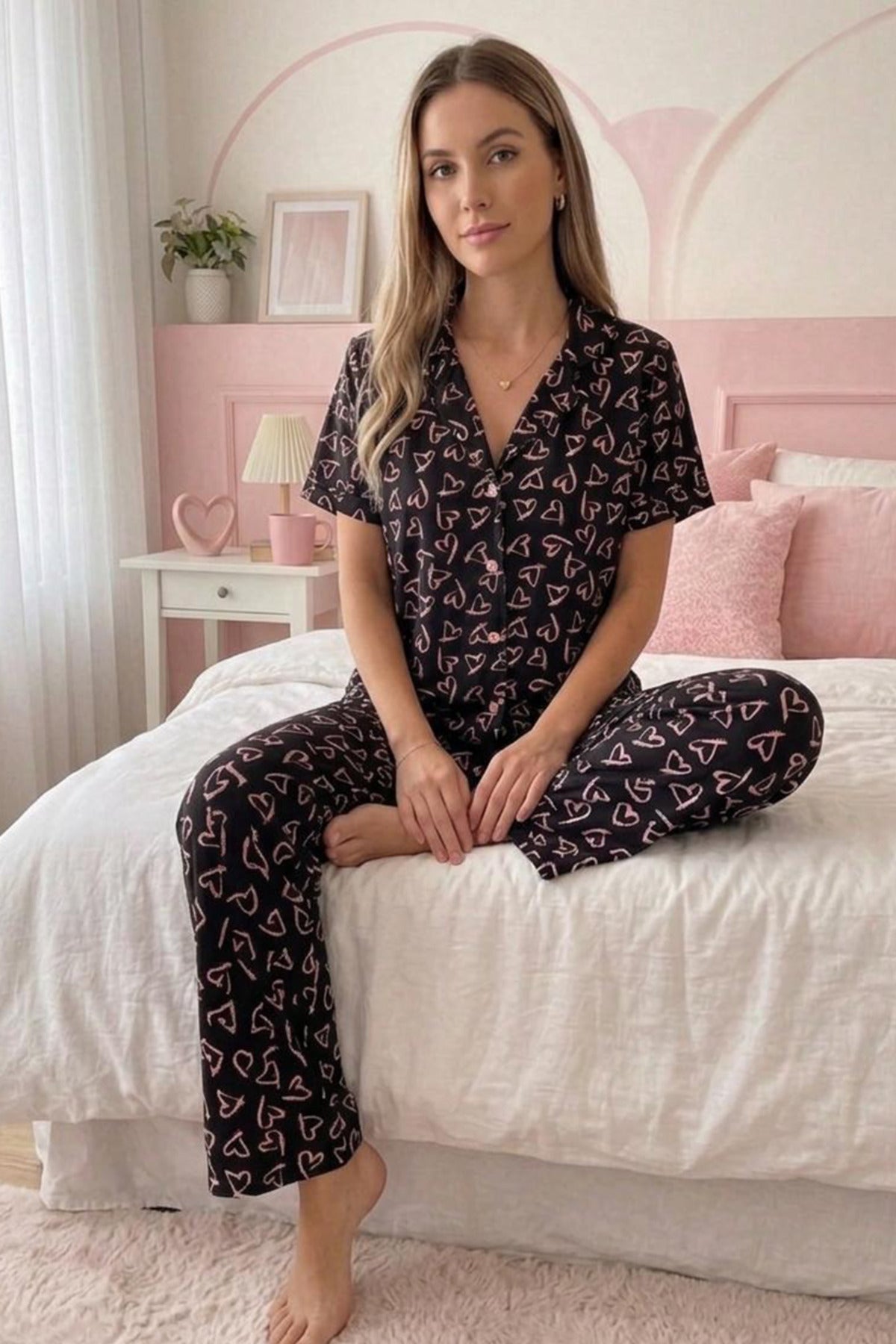 Pembe Kalp Desenli Düğmeli Kısa Kollu Pijama Takımı – Siyah