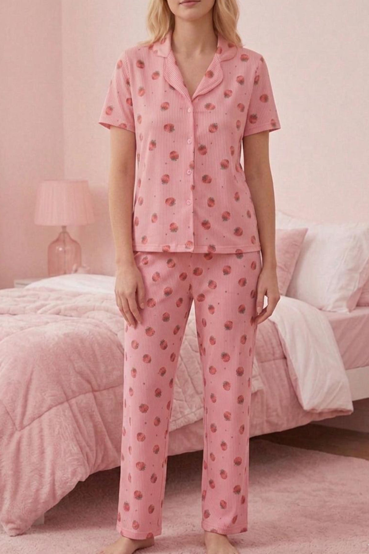 Çilek Desenli Düğmeli Kısa Kollu Pijama Takımı – Pembe