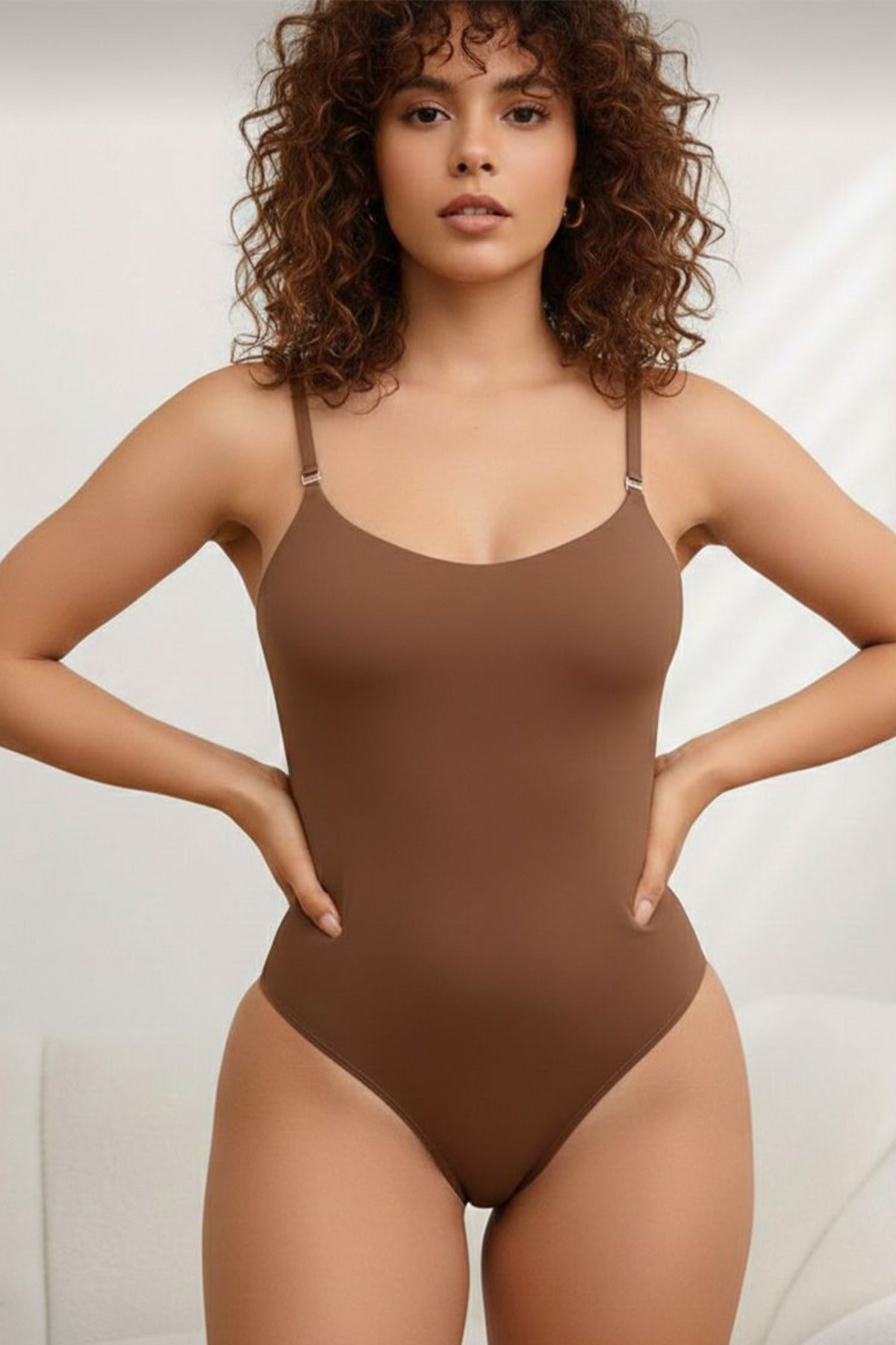 Büyük Beden Çıtçıtlı String Body Korse – Kahverengi
