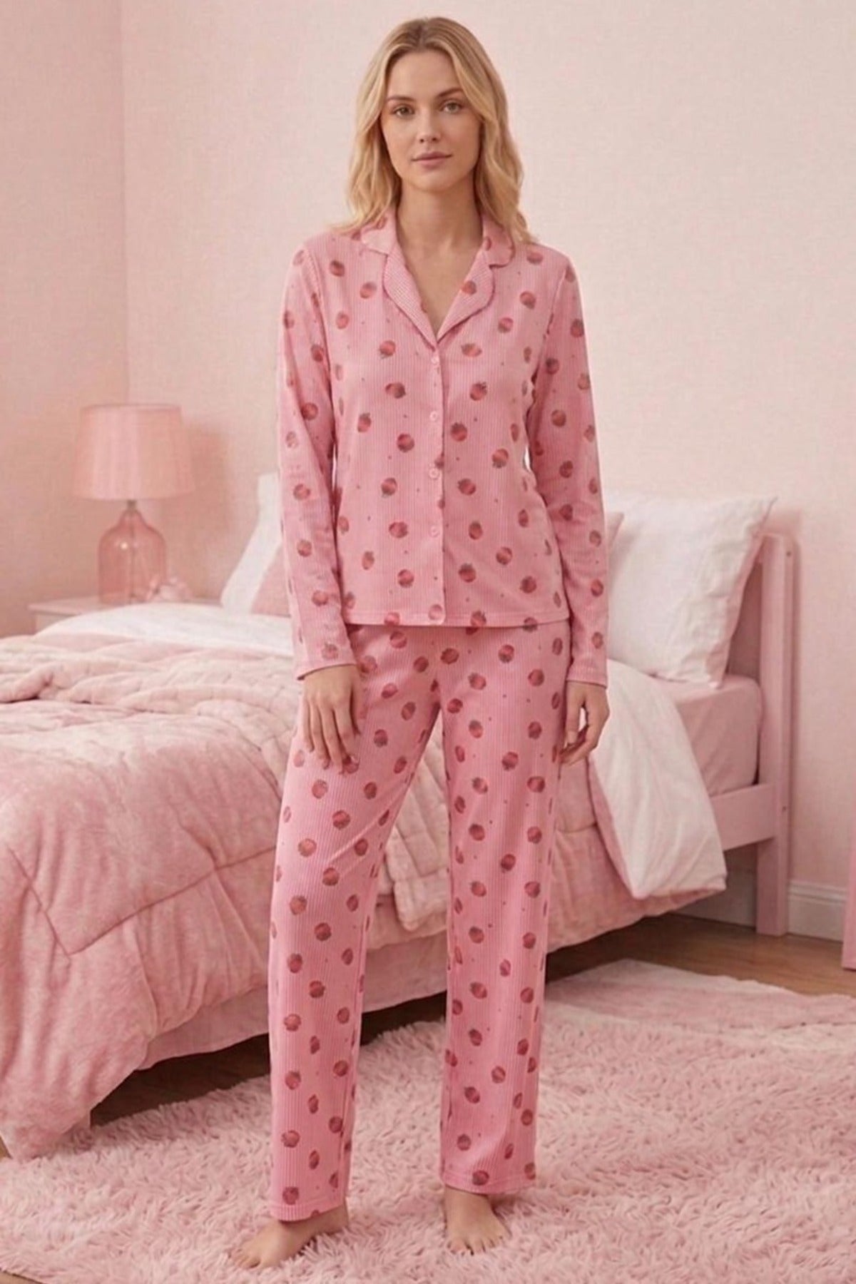 Çilek Desenli Uzun Kollu Pijama Takımı – Açık Pembe