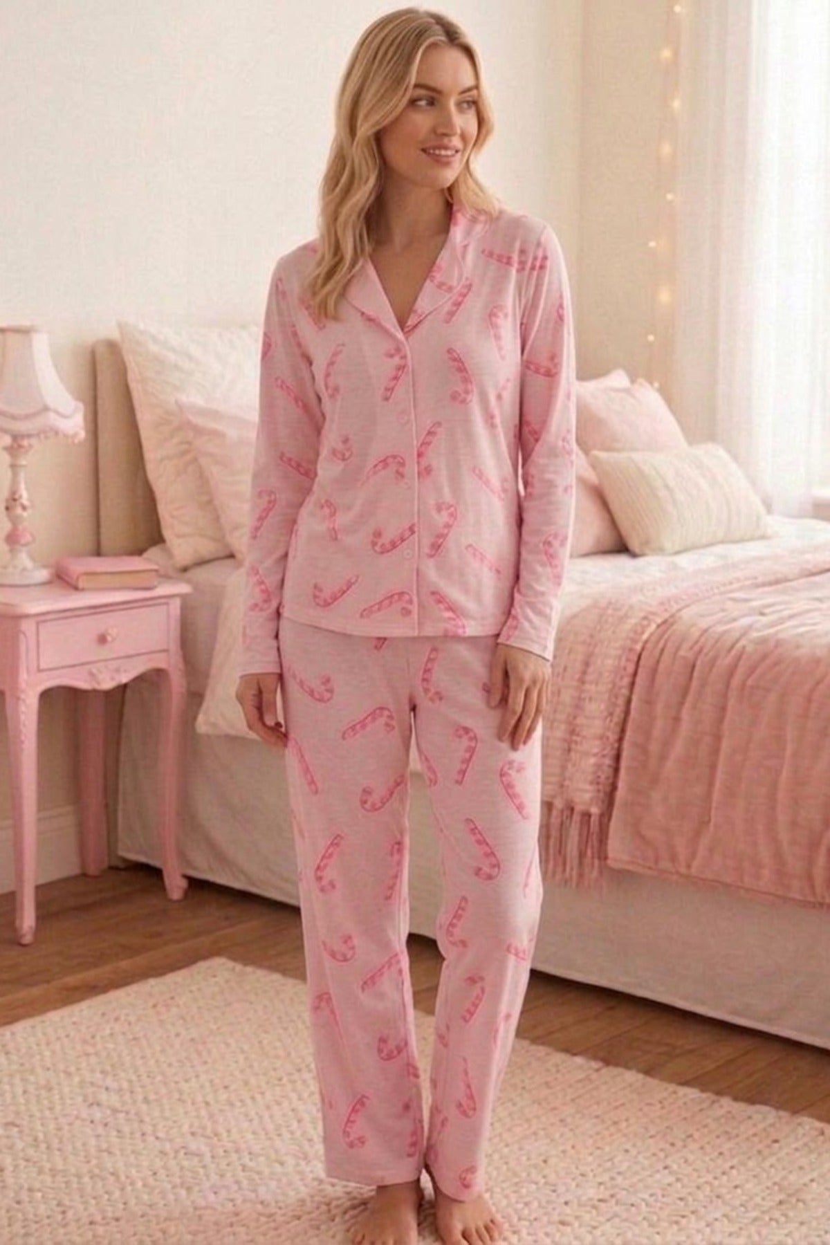 Baston Şeker Desenli Uzun Kollu Pijama Takımı – Pembe