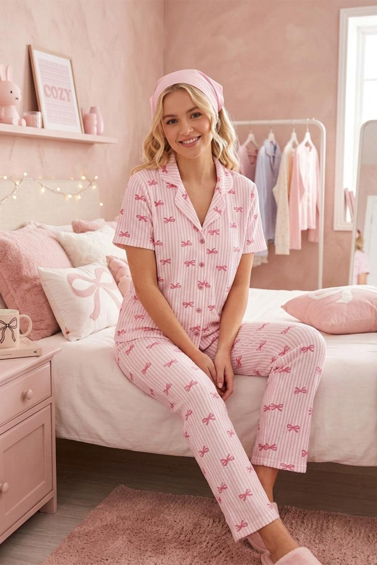 Pembe Kurdele Desenli Bürümcük Kısa Kollu Pijama Takımı – Pembe