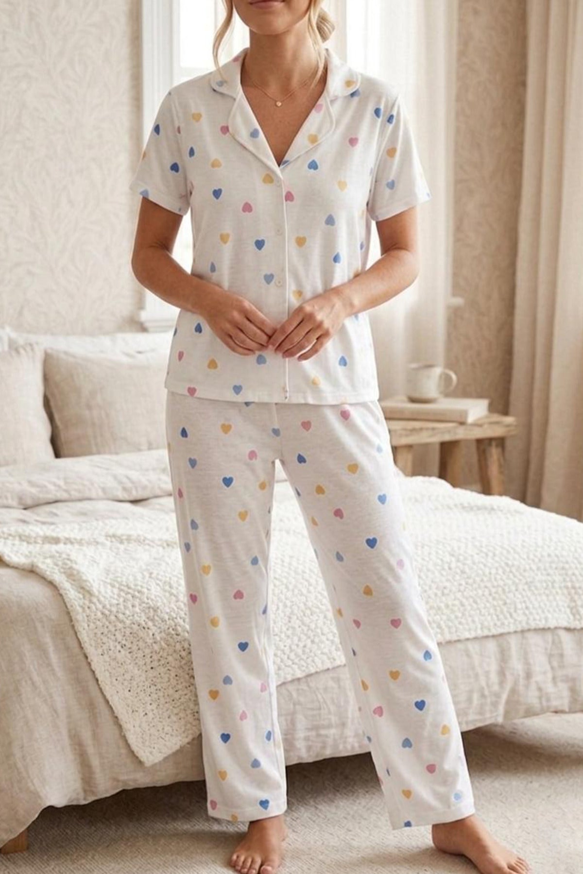 Renkli Kalp Desenli Düğmeli Kısa Kollu Pijama Takımı – Beyaz
