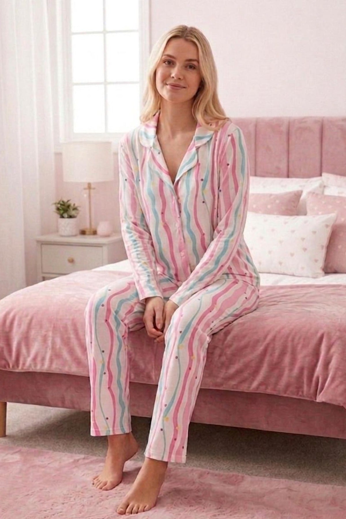 Yıldız ve Kalp Desenli Uzun Kollu Pijama Takımı – Çok Renkli